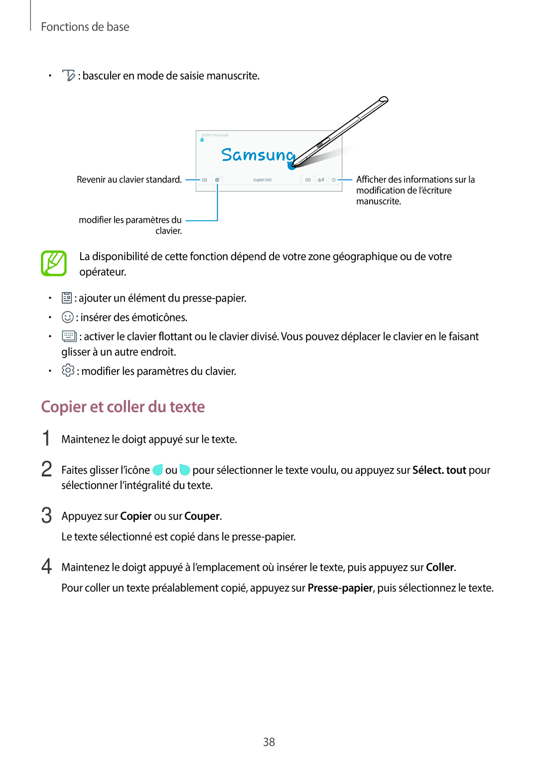 Samsung SM-T550NZKAXEF, SM-P550NZWAXEF, SM-T550NZWEXEF Copier et coller du texte, Basculer en mode de saisie manuscrite 