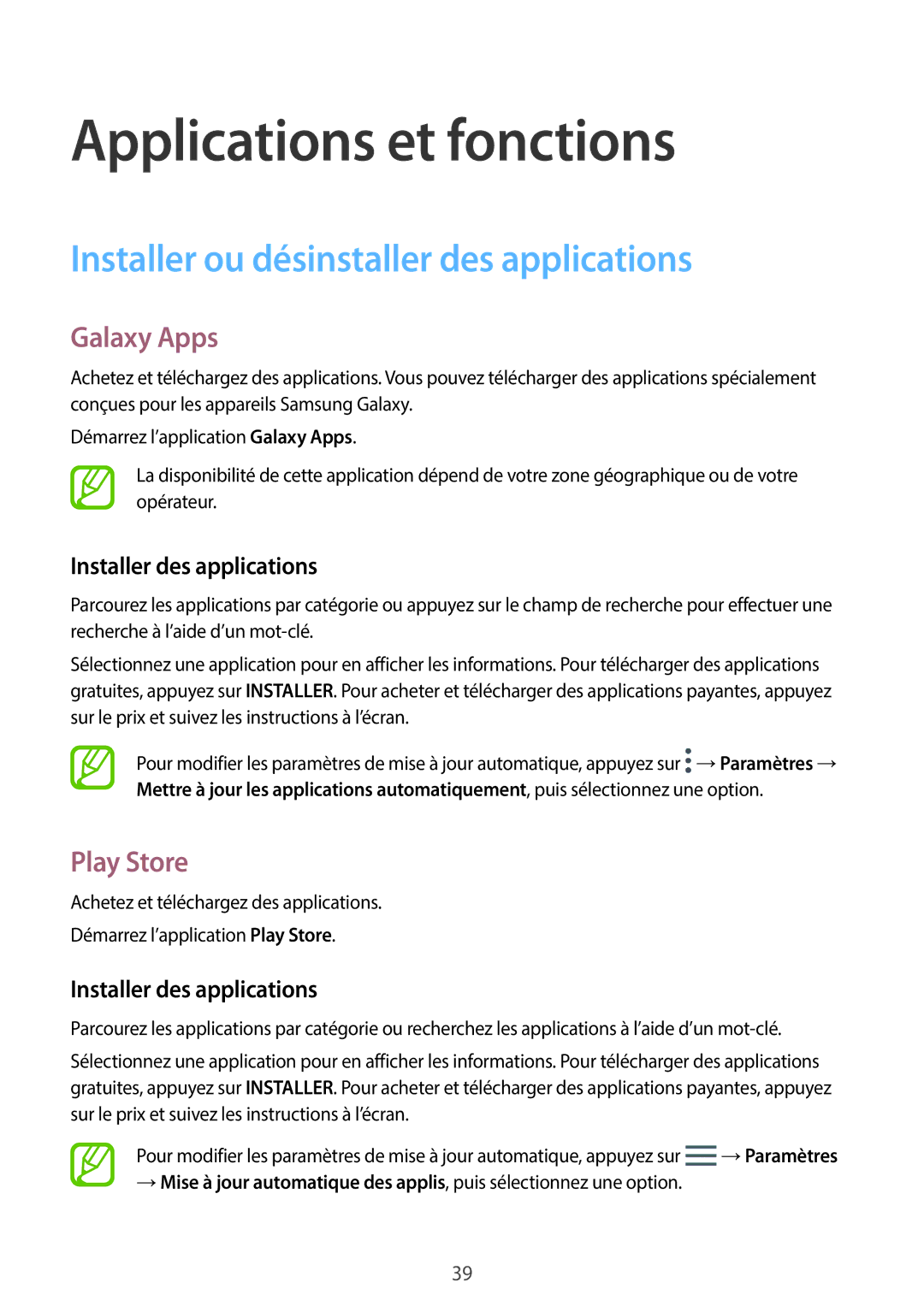 Samsung SM-P550NZKAXEF Installer ou désinstaller des applications, Galaxy Apps, Play Store, Installer des applications 