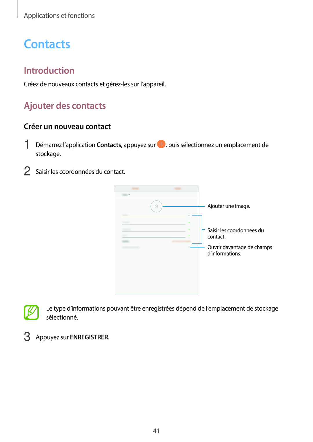 Samsung SM-T550NZWEXEF, SM-P550NZWAXEF, SM-T550NZWAXEF manual Contacts, Ajouter des contacts, Créer un nouveau contact 