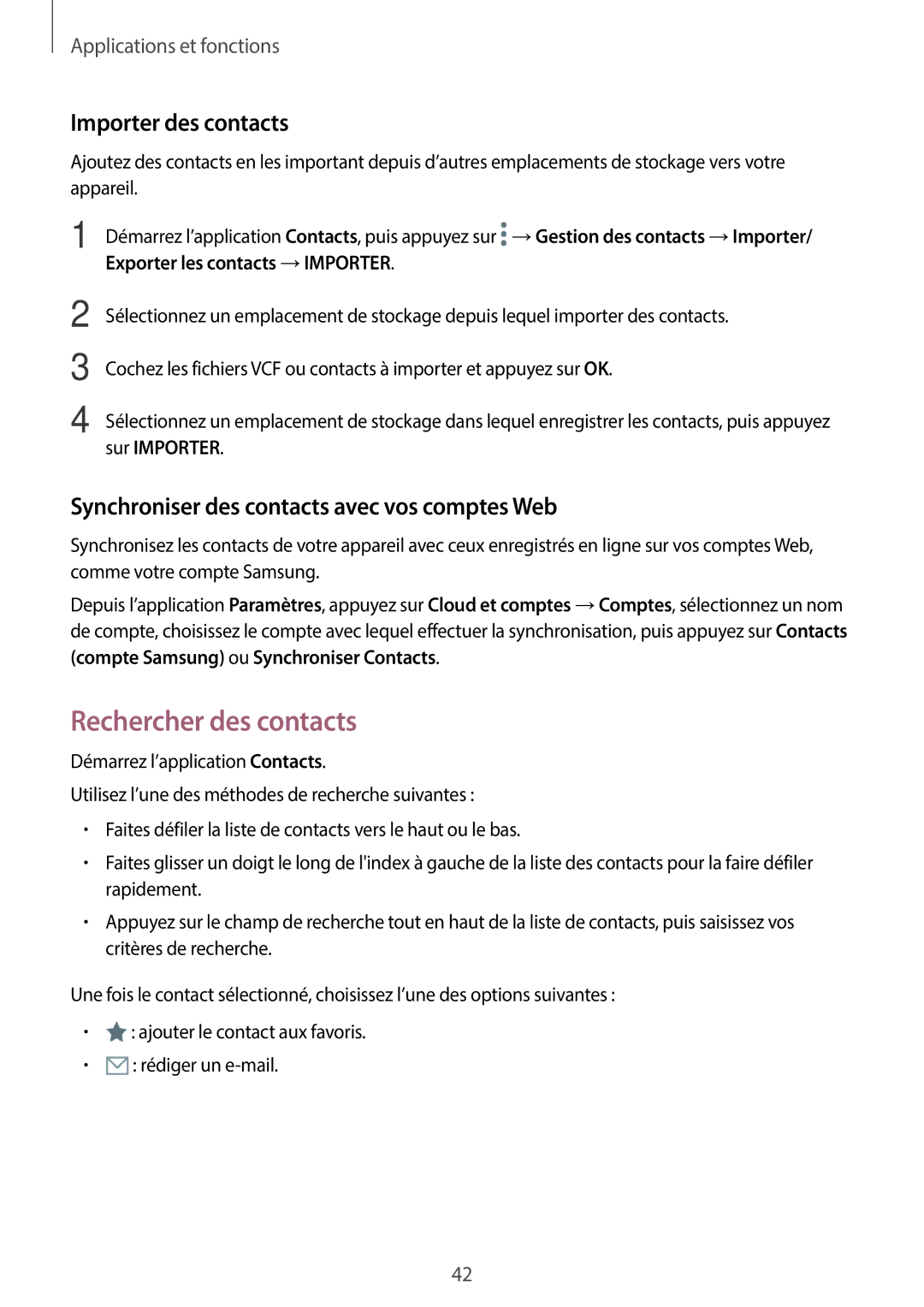 Samsung SM-T550NZWAXEF Rechercher des contacts, Importer des contacts, Synchroniser des contacts avec vos comptes Web 