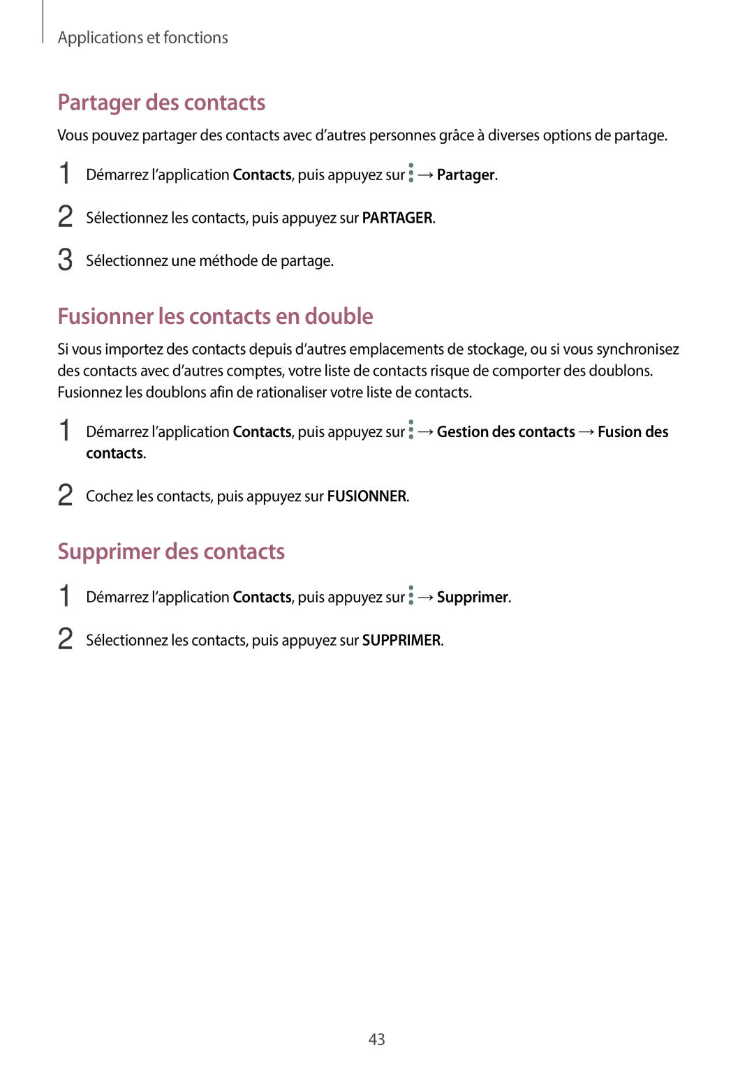 Samsung SM-T550NZKAXEF manual Partager des contacts, Fusionner les contacts en double, Supprimer des contacts, Contacts 