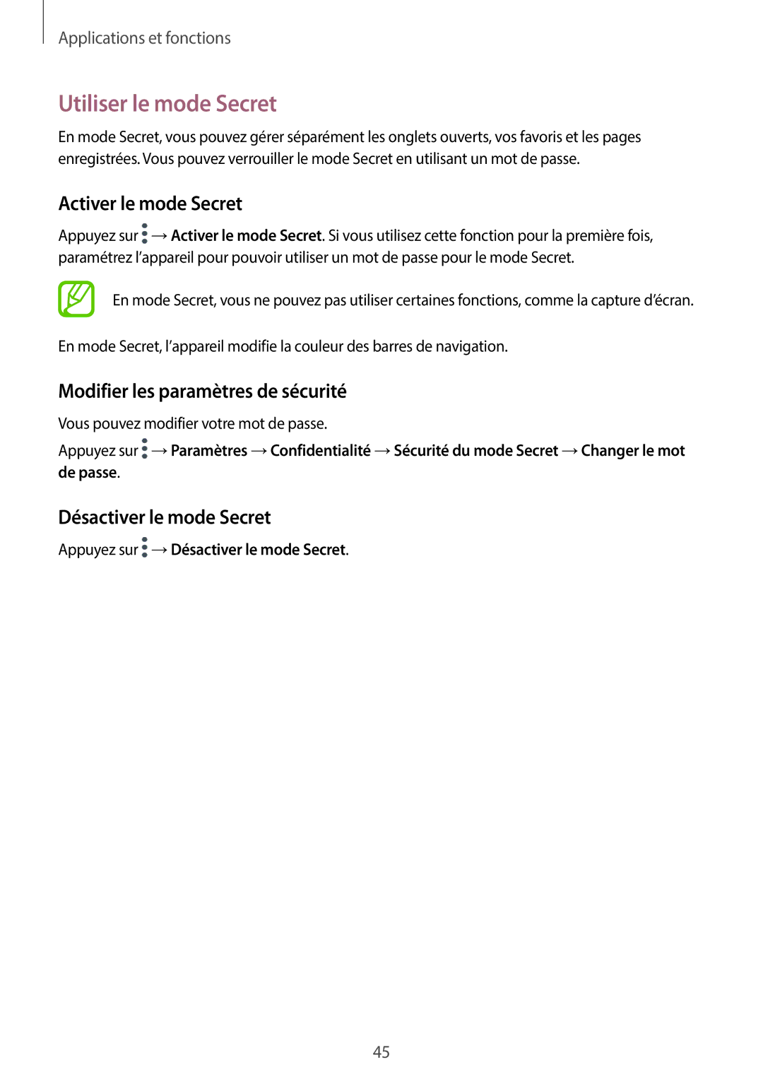 Samsung SM-P550NZWAXEF manual Utiliser le mode Secret, Activer le mode Secret, Modifier les paramètres de sécurité 