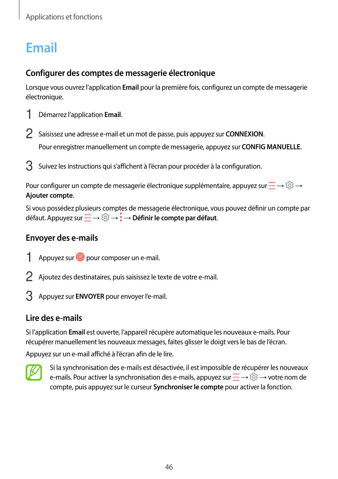 Samsung SM-T550NZWEXEF manual Configurer des comptes de messagerie électronique, Envoyer des e-mails, Lire des e-mails 