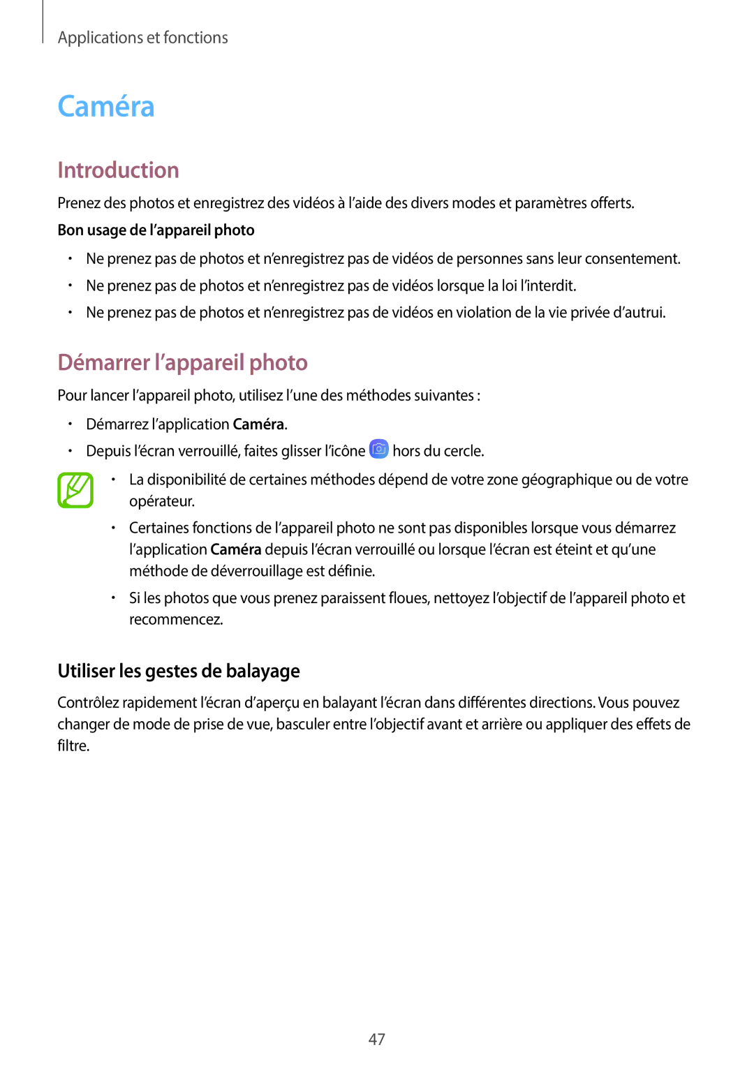 Samsung SM-T550NZWAXEF Caméra, Démarrer l’appareil photo, Utiliser les gestes de balayage, Bon usage de l’appareil photo 