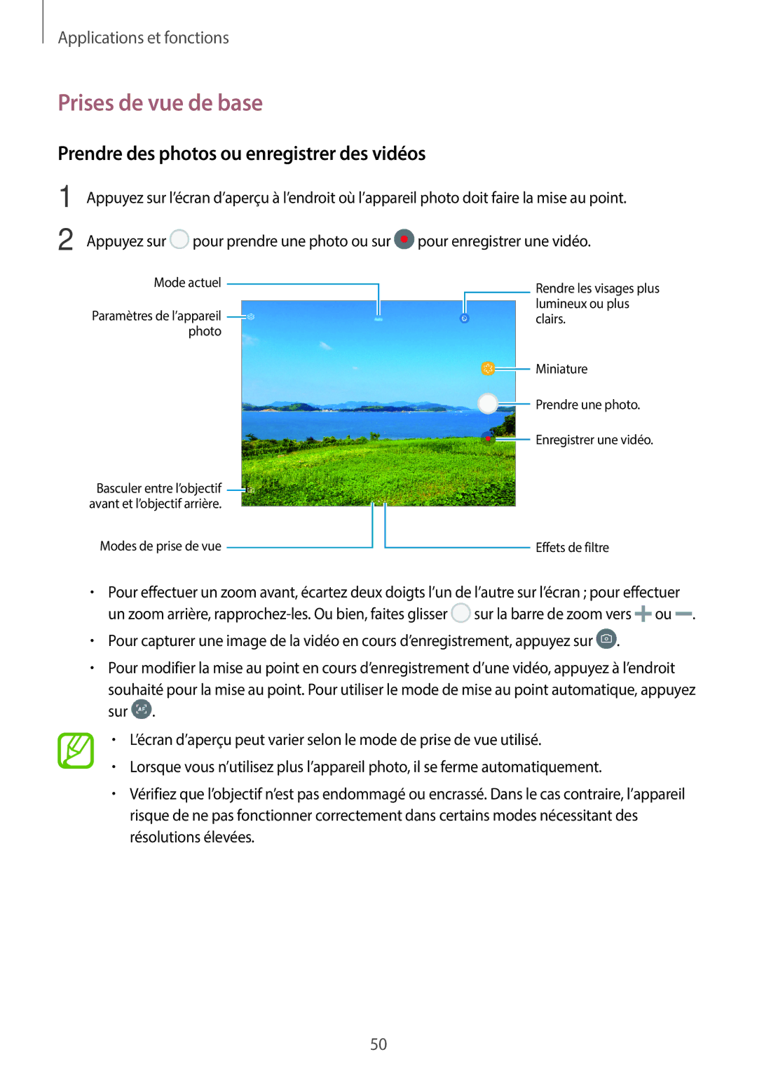 Samsung SM-P550NZWAXEF, SM-T550NZWEXEF, SM-T550NZWAXEF Prises de vue de base, Prendre des photos ou enregistrer des vidéos 