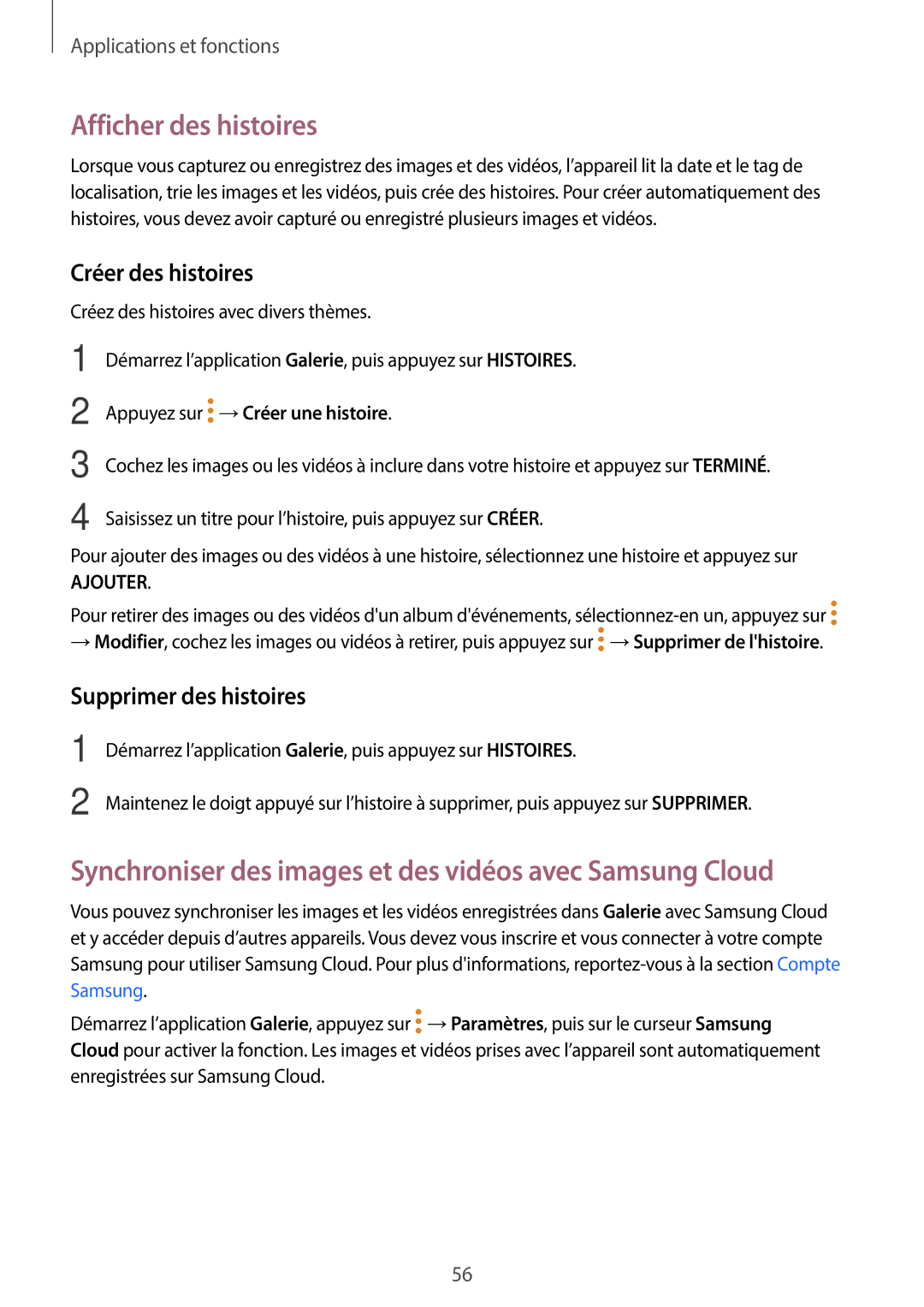 Samsung SM-T550NZWEXEF, SM-P550NZWAXEF Afficher des histoires, Synchroniser des images et des vidéos avec Samsung Cloud 