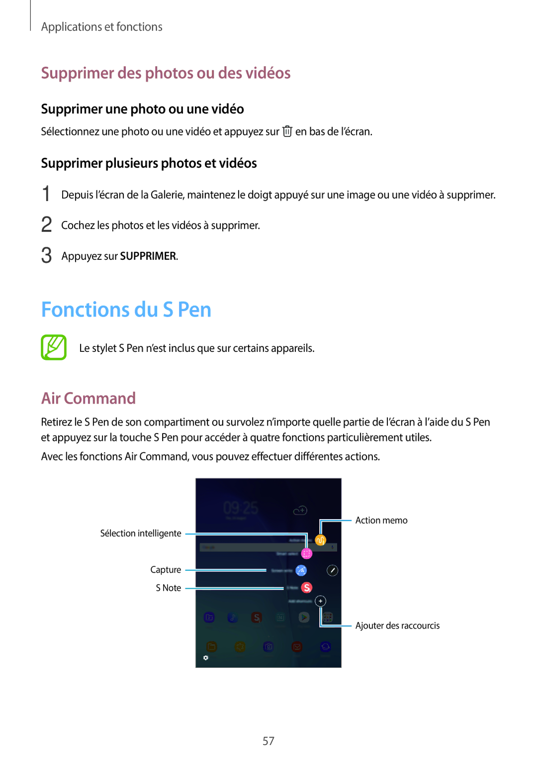 Samsung SM-T550NZWAXEF, SM-P550NZWAXEF, SM-T550NZWEXEF Fonctions du S Pen, Supprimer des photos ou des vidéos, Air Command 