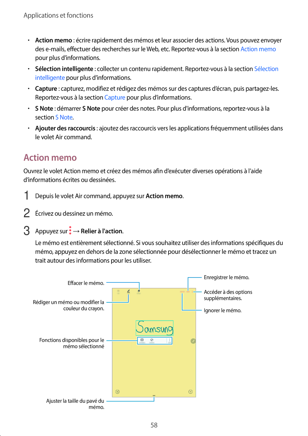 Samsung SM-T550NZKAXEF, SM-P550NZWAXEF, SM-T550NZWEXEF, SM-T550NZWAXEF manual Action memo, Appuyez sur →Relier à laction 