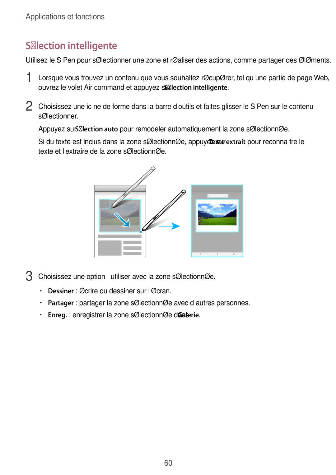 Samsung SM-P550NZWAXEF, SM-T550NZWEXEF, SM-T550NZWAXEF, SM-T550NZKAXEF, SM-P550NZKAXEF manual Sélection intelligente 