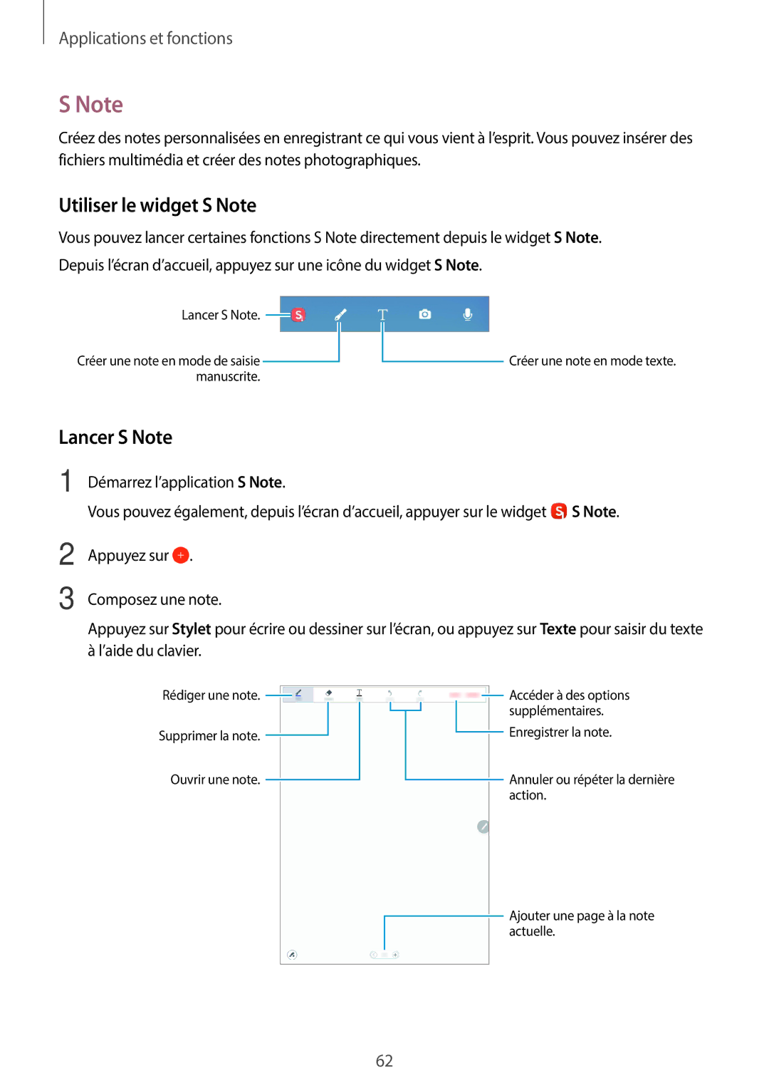 Samsung SM-T550NZWAXEF, SM-P550NZWAXEF, SM-T550NZWEXEF, SM-T550NZKAXEF manual Utiliser le widget S Note, Lancer S Note 