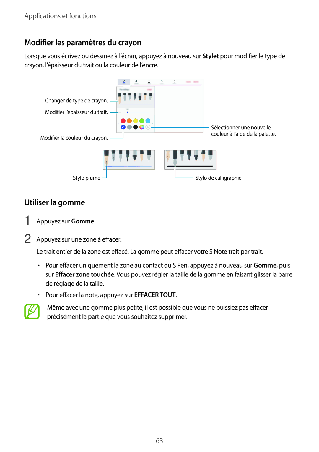 Samsung SM-T550NZKAXEF, SM-P550NZWAXEF, SM-T550NZWEXEF, SM-T550NZWAXEF Modifier les paramètres du crayon, Utiliser la gomme 