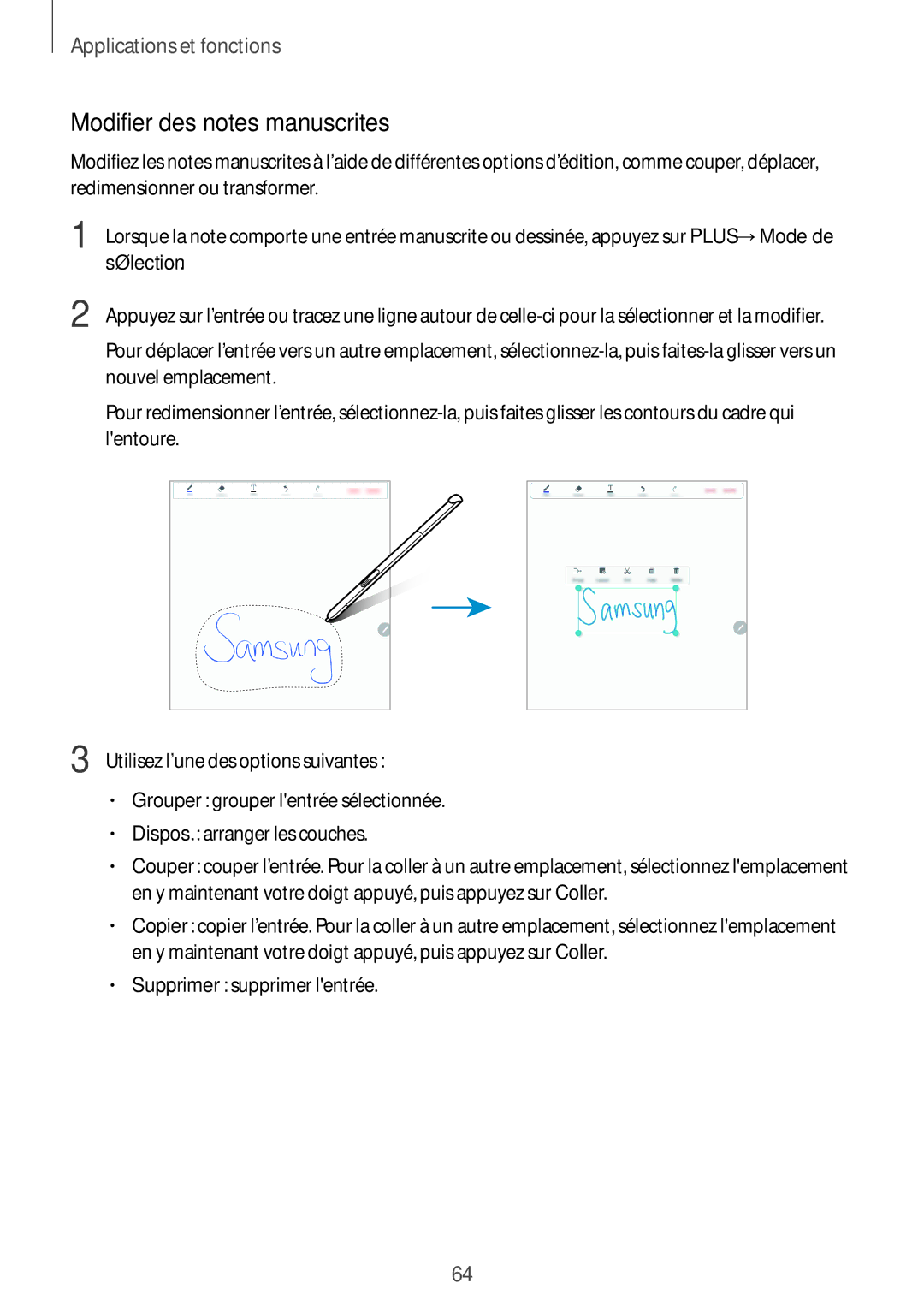 Samsung SM-P550NZKAXEF, SM-P550NZWAXEF, SM-T550NZWEXEF, SM-T550NZWAXEF manual Modifier des notes manuscrites, Sélection 