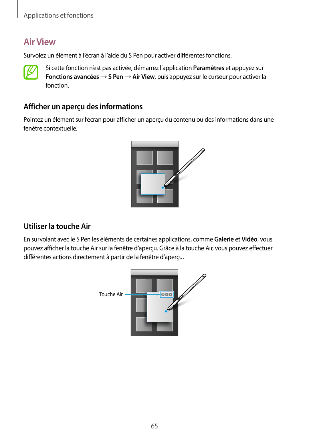 Samsung SM-P550NZWAXEF, SM-T550NZWEXEF manual Air View, Afficher un aperçu des informations, Utiliser la touche Air 