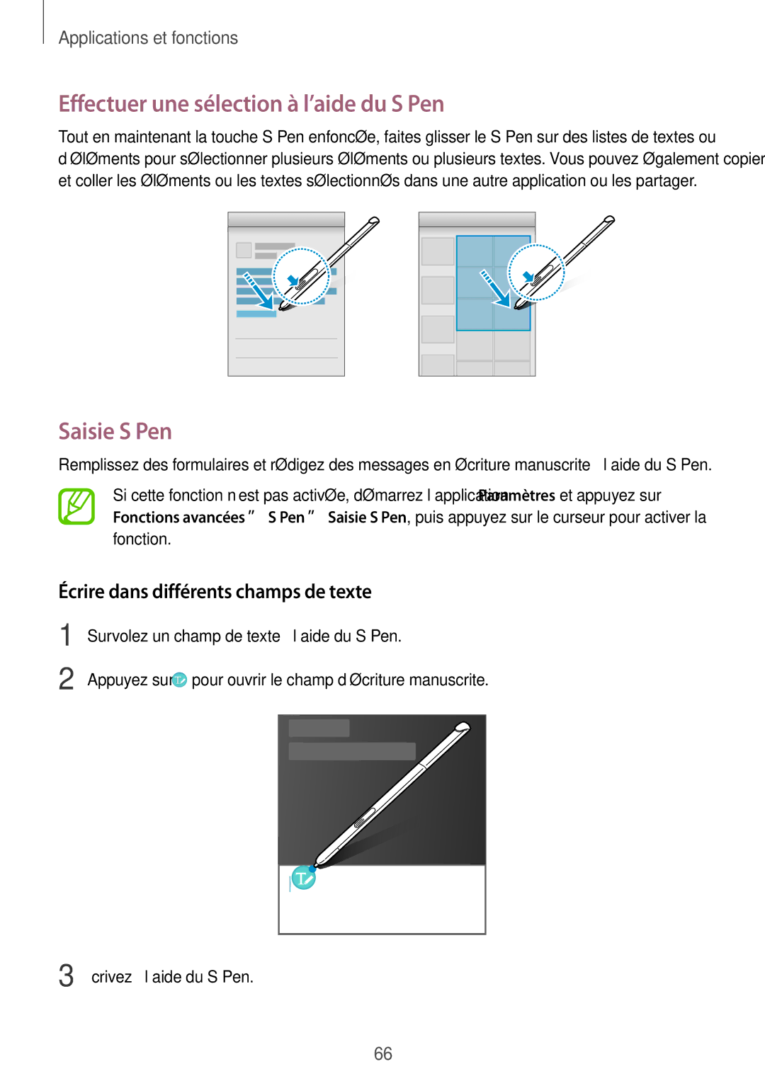 Samsung SM-T550NZWEXEF Effectuer une sélection à l’aide du S Pen, Saisie S Pen, Écrire dans différents champs de texte 