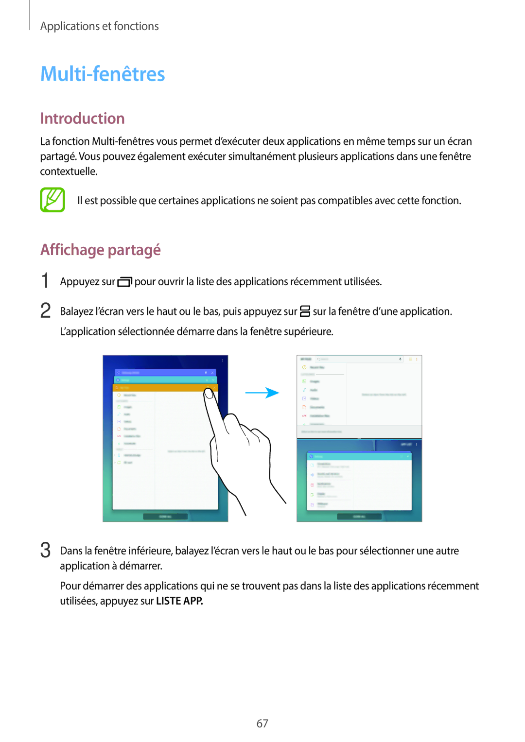 Samsung SM-T550NZWAXEF, SM-P550NZWAXEF, SM-T550NZWEXEF, SM-T550NZKAXEF, SM-P550NZKAXEF manual Multi-fenêtres, Affichage partagé 