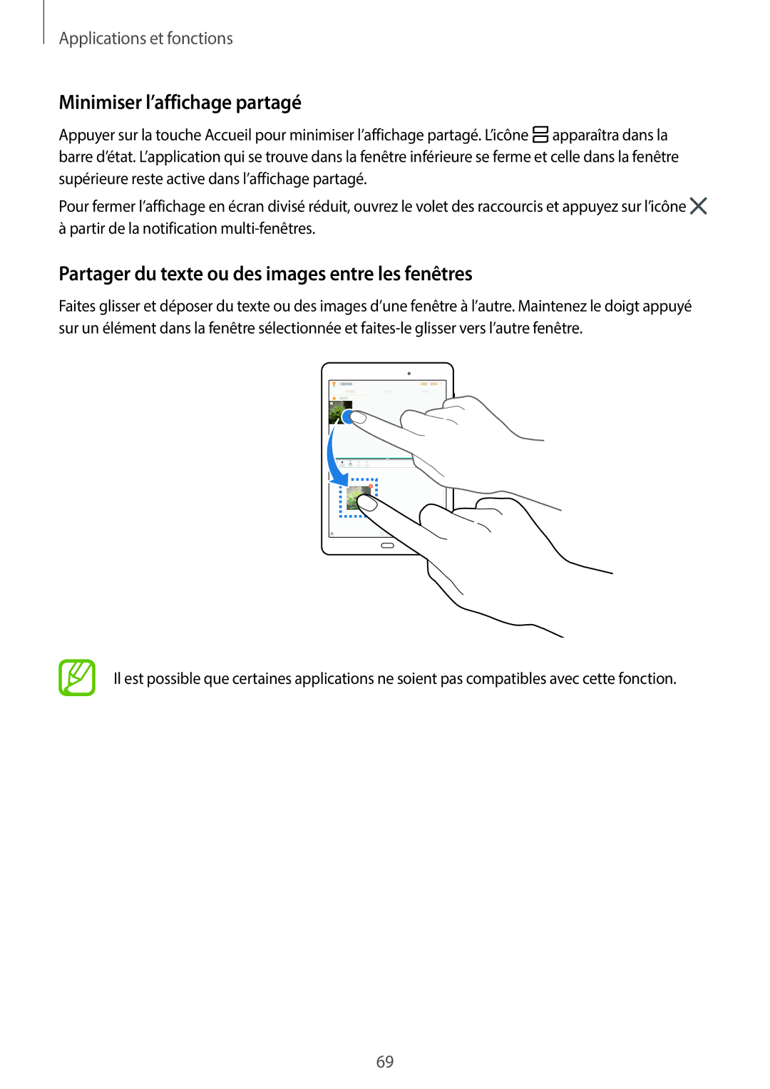 Samsung SM-P550NZKAXEF, SM-P550NZWAXEF Minimiser l’affichage partagé, Partager du texte ou des images entre les fenêtres 