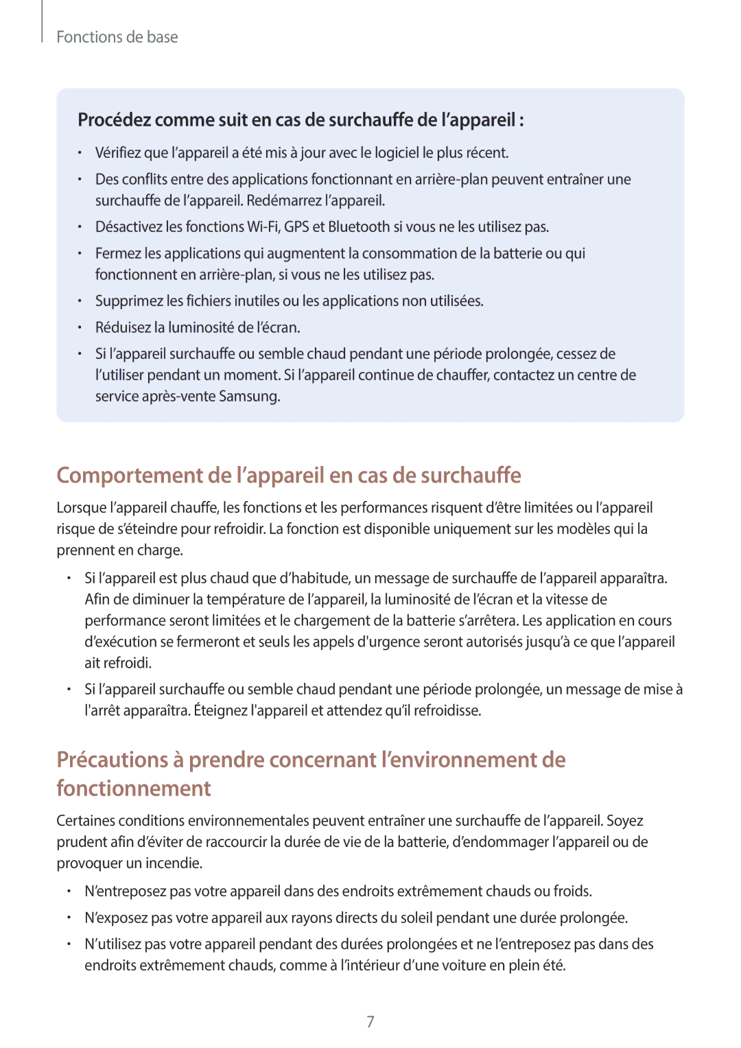 Samsung SM-T550NZWAXEF, SM-P550NZWAXEF, SM-T550NZWEXEF, SM-T550NZKAXEF manual Comportement de l’appareil en cas de surchauffe 