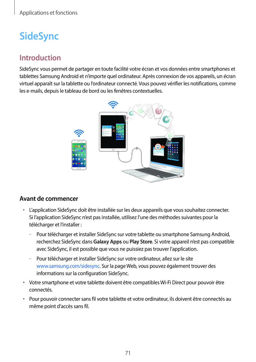 Samsung SM-T550NZWEXEF, SM-P550NZWAXEF, SM-T550NZWAXEF, SM-T550NZKAXEF, SM-P550NZKAXEF manual SideSync, Avant de commencer 