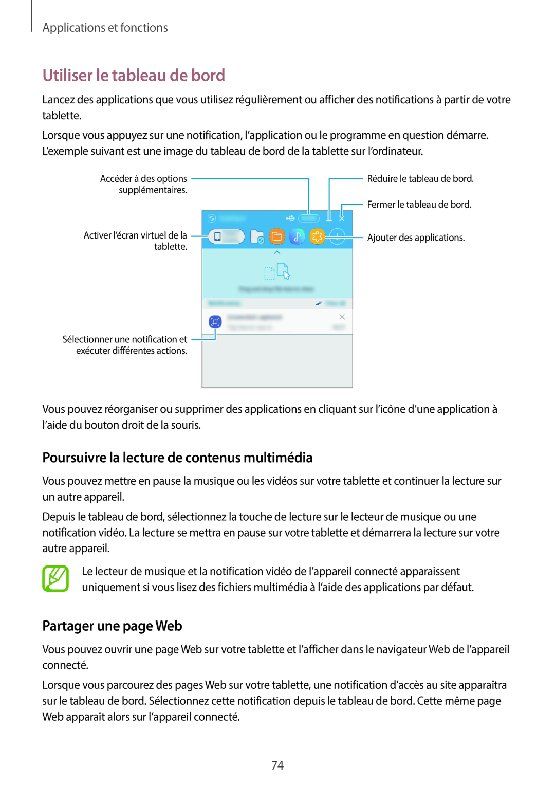 Samsung SM-P550NZKAXEF Utiliser le tableau de bord, Poursuivre la lecture de contenus multimédia, Partager une page Web 