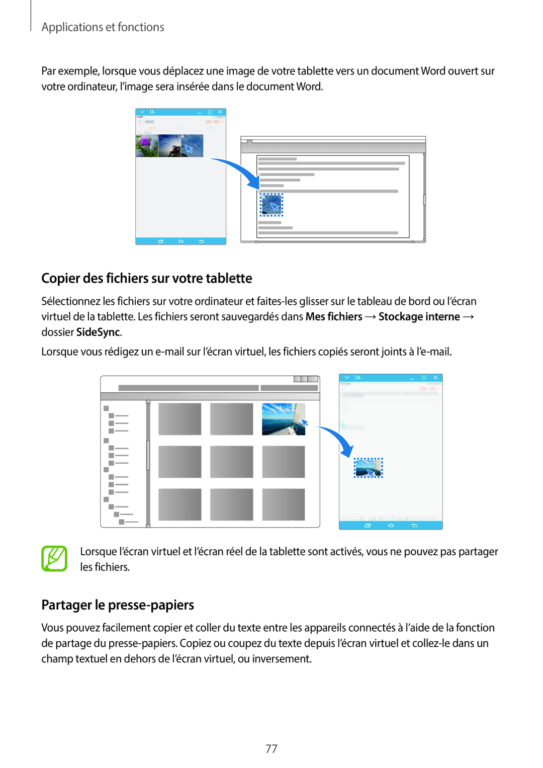 Samsung SM-T550NZWAXEF, SM-P550NZWAXEF, SM-T550NZWEXEF Copier des fichiers sur votre tablette, Partager le presse-papiers 