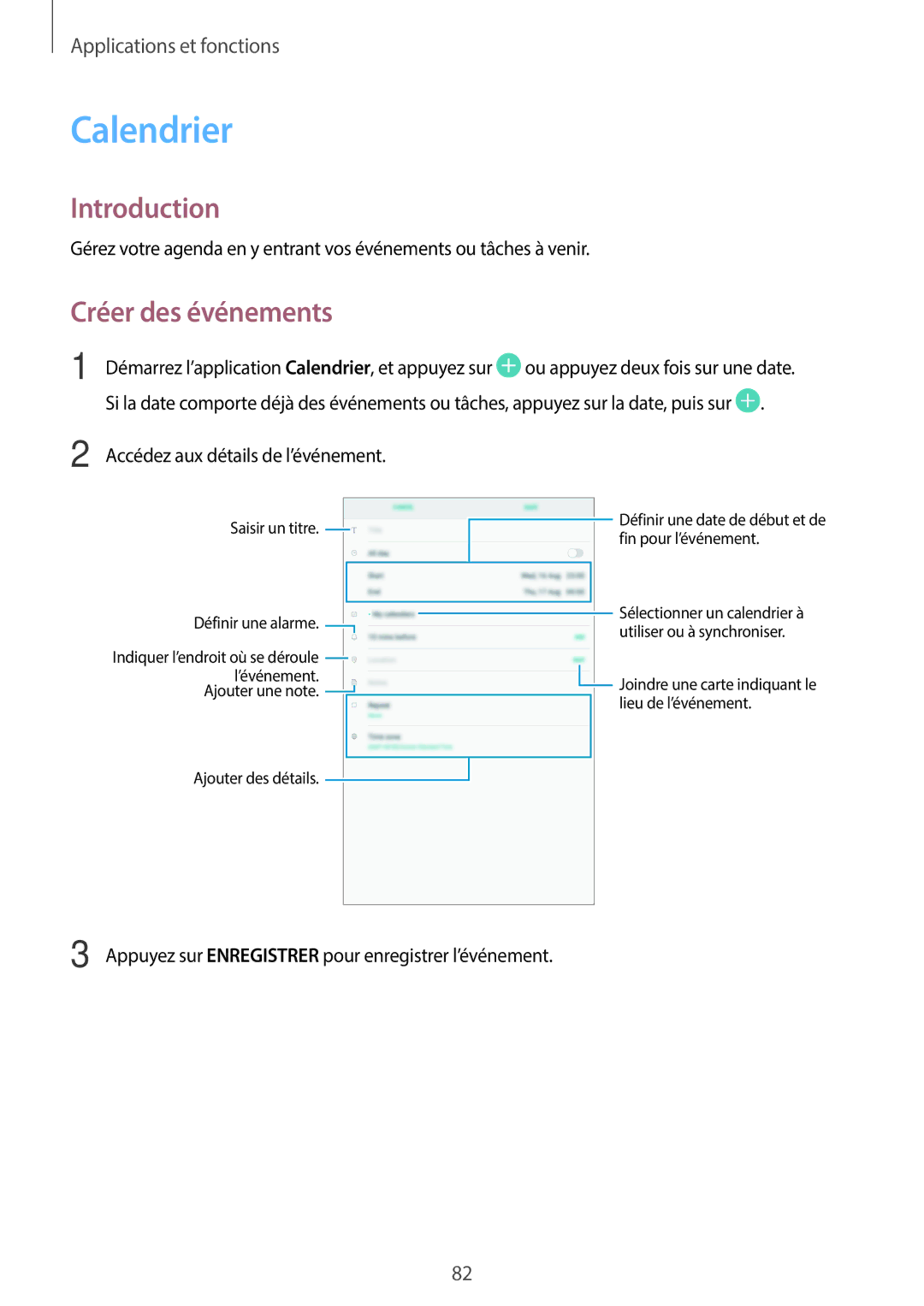 Samsung SM-T550NZWAXEF, SM-P550NZWAXEF, SM-T550NZWEXEF, SM-T550NZKAXEF, SM-P550NZKAXEF manual Calendrier, Créer des événements 