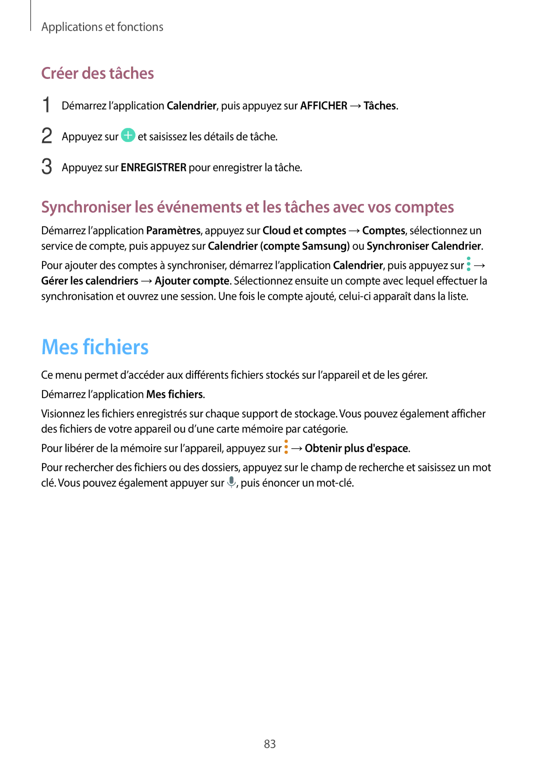 Samsung SM-T550NZKAXEF manual Mes fichiers, Créer des tâches, Synchroniser les événements et les tâches avec vos comptes 