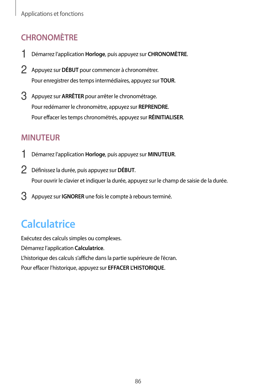 Samsung SM-T550NZWEXEF, SM-P550NZWAXEF, SM-T550NZWAXEF, SM-T550NZKAXEF, SM-P550NZKAXEF manual Calculatrice, Chronomètre 