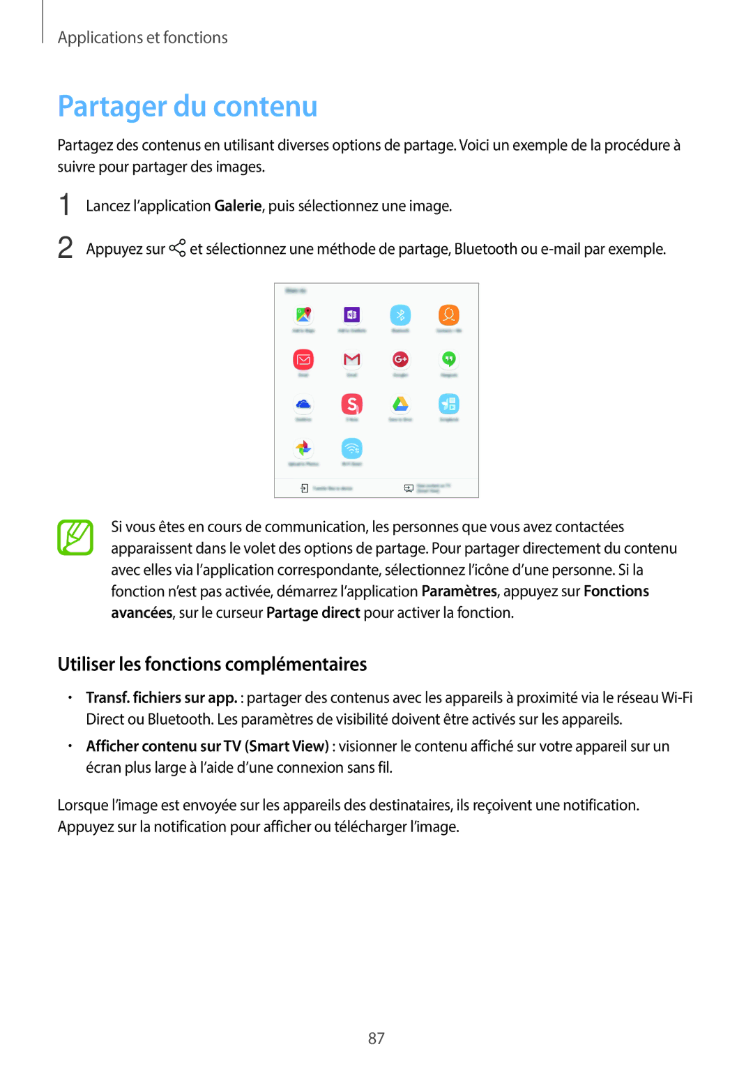 Samsung SM-T550NZWAXEF, SM-P550NZWAXEF, SM-T550NZWEXEF manual Partager du contenu, Utiliser les fonctions complémentaires 