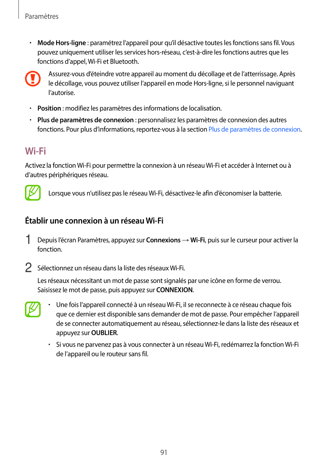 Samsung SM-T550NZWEXEF, SM-P550NZWAXEF, SM-T550NZWAXEF, SM-T550NZKAXEF manual Établir une connexion à un réseau Wi-Fi 