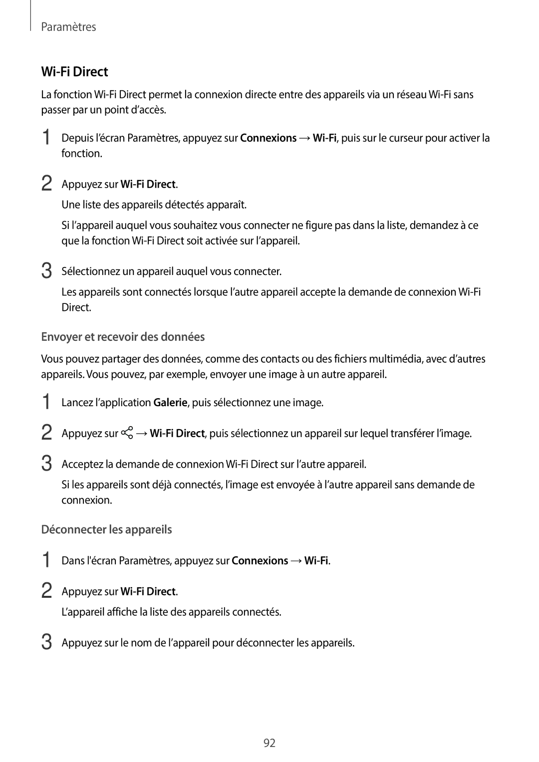 Samsung SM-T550NZWAXEF, SM-P550NZWAXEF, SM-T550NZWEXEF, SM-T550NZKAXEF manual Wi-Fi Direct, Envoyer et recevoir des données 