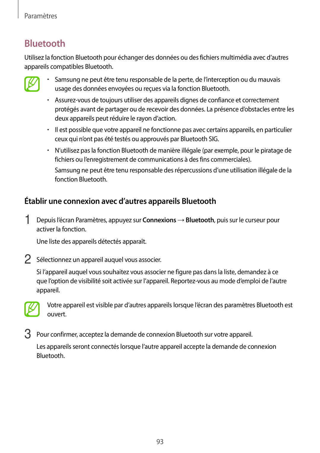 Samsung SM-T550NZKAXEF, SM-P550NZWAXEF, SM-T550NZWEXEF manual Établir une connexion avec d’autres appareils Bluetooth 