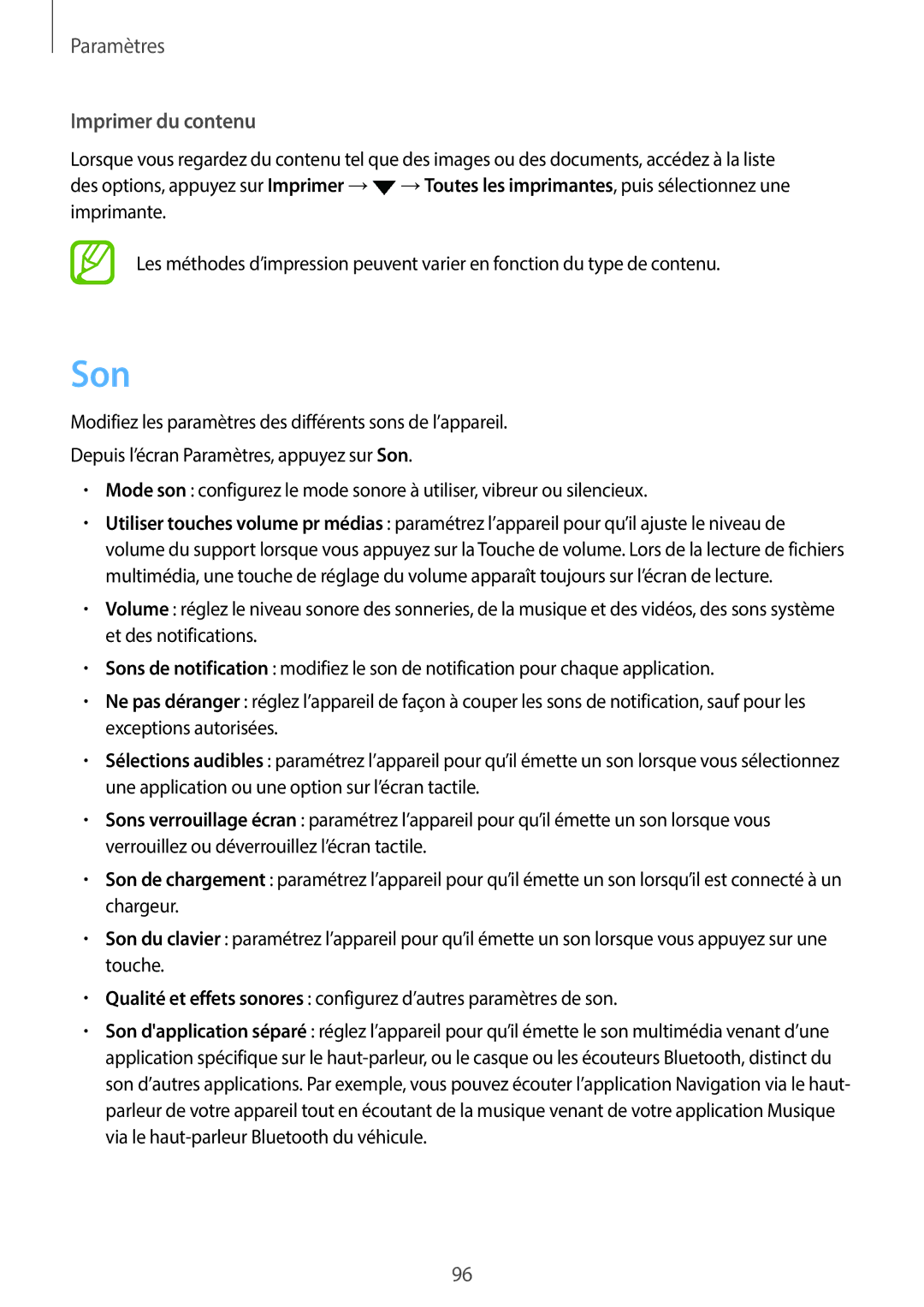 Samsung SM-T550NZWEXEF, SM-P550NZWAXEF, SM-T550NZWAXEF, SM-T550NZKAXEF, SM-P550NZKAXEF manual Son, Imprimer du contenu 