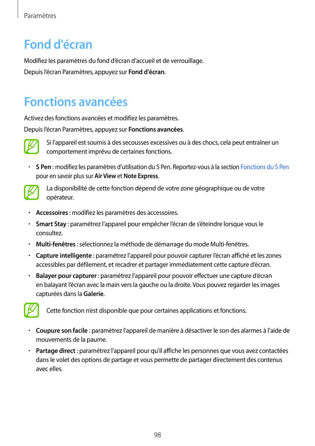 Samsung SM-T550NZKAXEF, SM-P550NZWAXEF, SM-T550NZWEXEF, SM-T550NZWAXEF, SM-P550NZKAXEF manual Fond décran, Fonctions avancées 