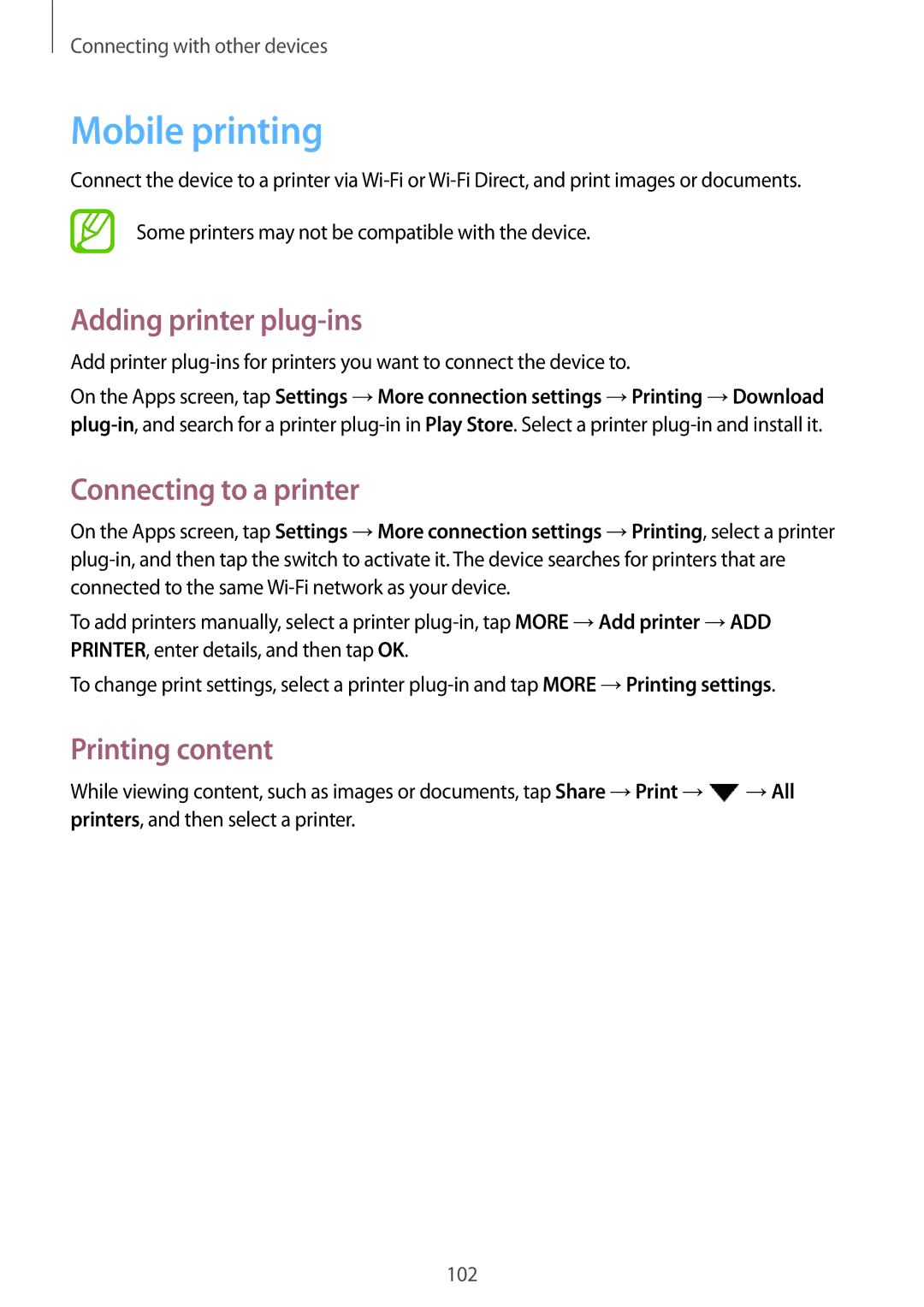 Samsung SM-P555NZAAKSA, SM-P555NZWAKSA Mobile printing, Adding printer plug-ins, Connecting to a printer, Printing content 