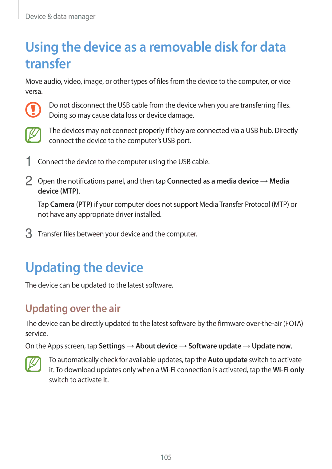 Samsung SM-P555NZWAKSA Using the device as a removable disk for data transfer, Updating the device, Updating over the air 