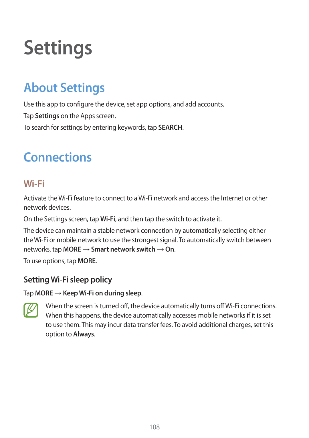 Samsung SM-P555NZWAXXV, SM-P555NZWAKSA, SM-P555NZBAKSA manual About Settings, Connections, Setting Wi-Fi sleep policy 