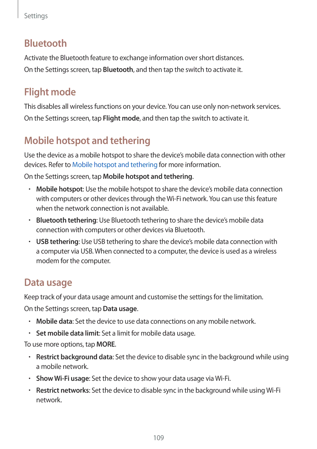 Samsung SM-P555NZAAXXV, SM-P555NZWAKSA, SM-P555NZBAKSA Bluetooth, Flight mode, Mobile hotspot and tethering, Data usage 