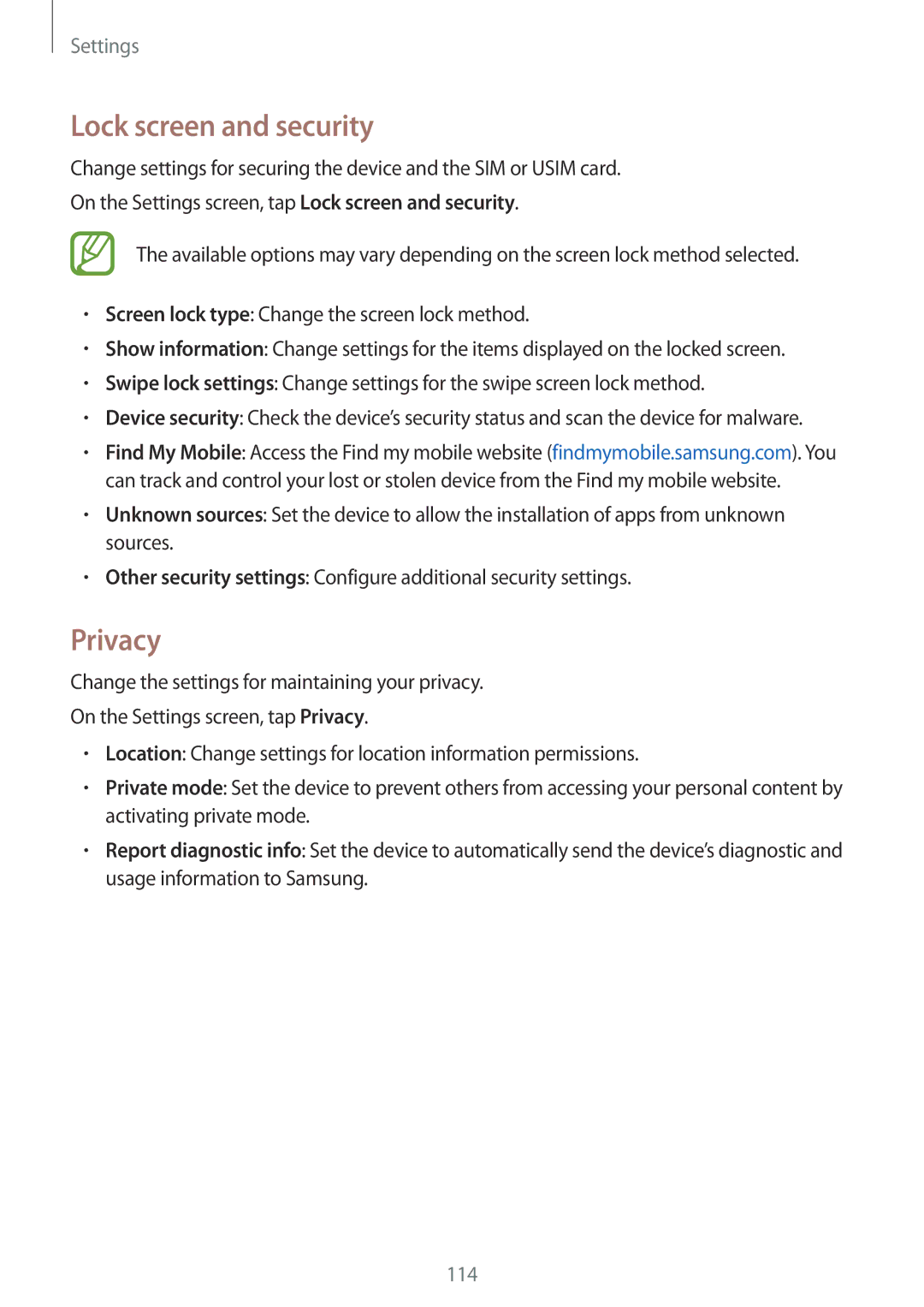 Samsung SM-P555NZAAXXV, SM-P555NZWAKSA, SM-P555NZBAKSA, SM-P555NZAAKSA, SM-P555NZWAXXV manual Lock screen and security, Privacy 