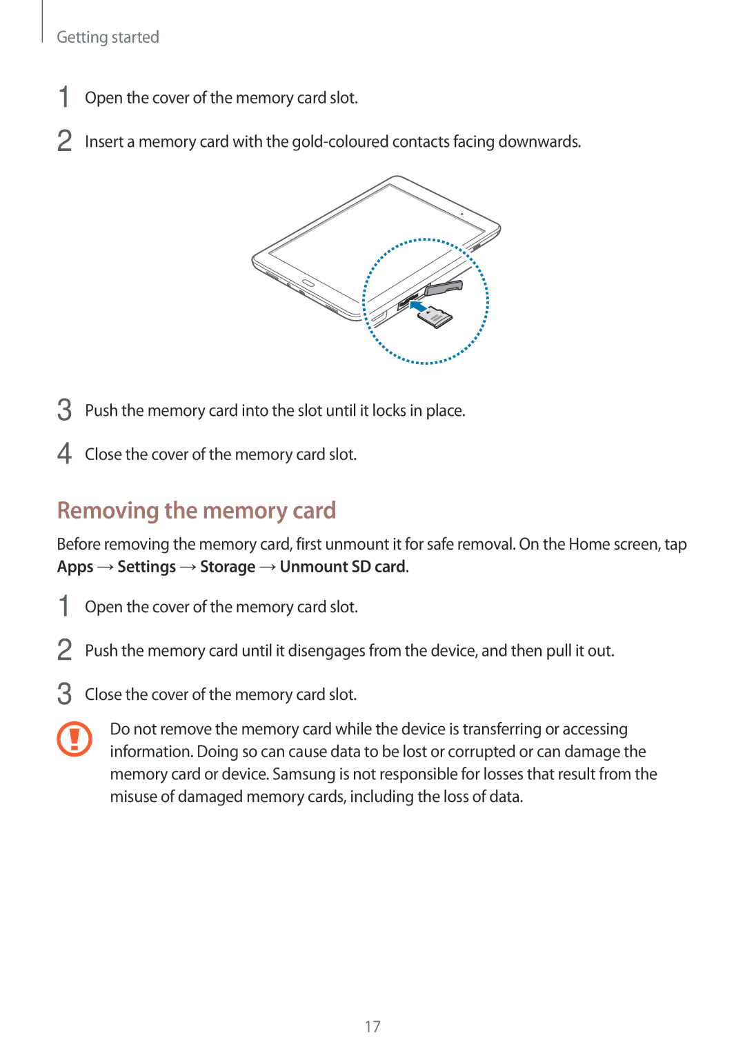 Samsung SM-P555NZAAKSA, SM-P555NZWAKSA, SM-P555NZBAKSA, SM-P555NZWAXXV, SM-P555NZAAXXV manual Removing the memory card 