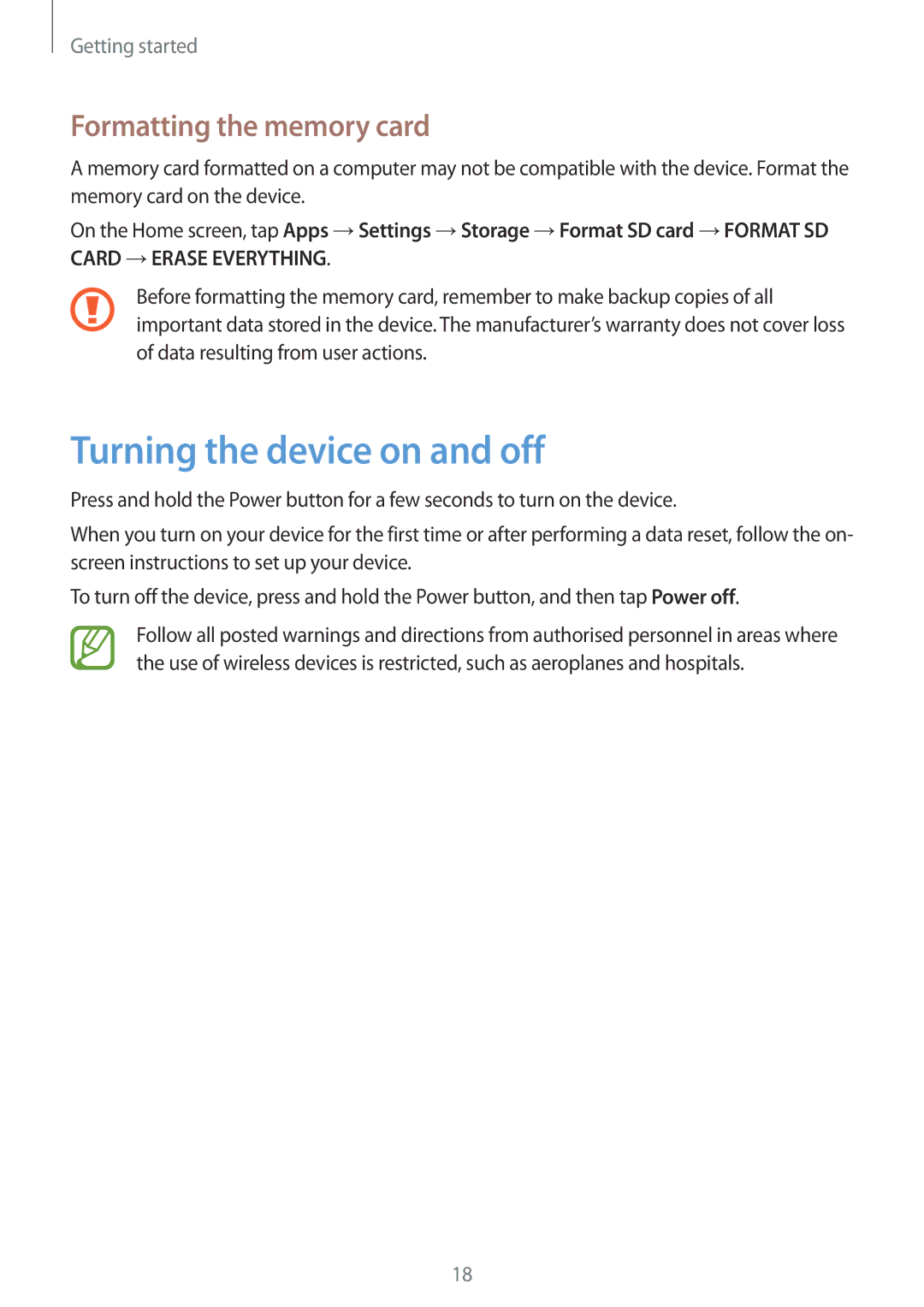 Samsung SM-P555NZWAXXV, SM-P555NZWAKSA, SM-P555NZBAKSA manual Turning the device on and off, Formatting the memory card 