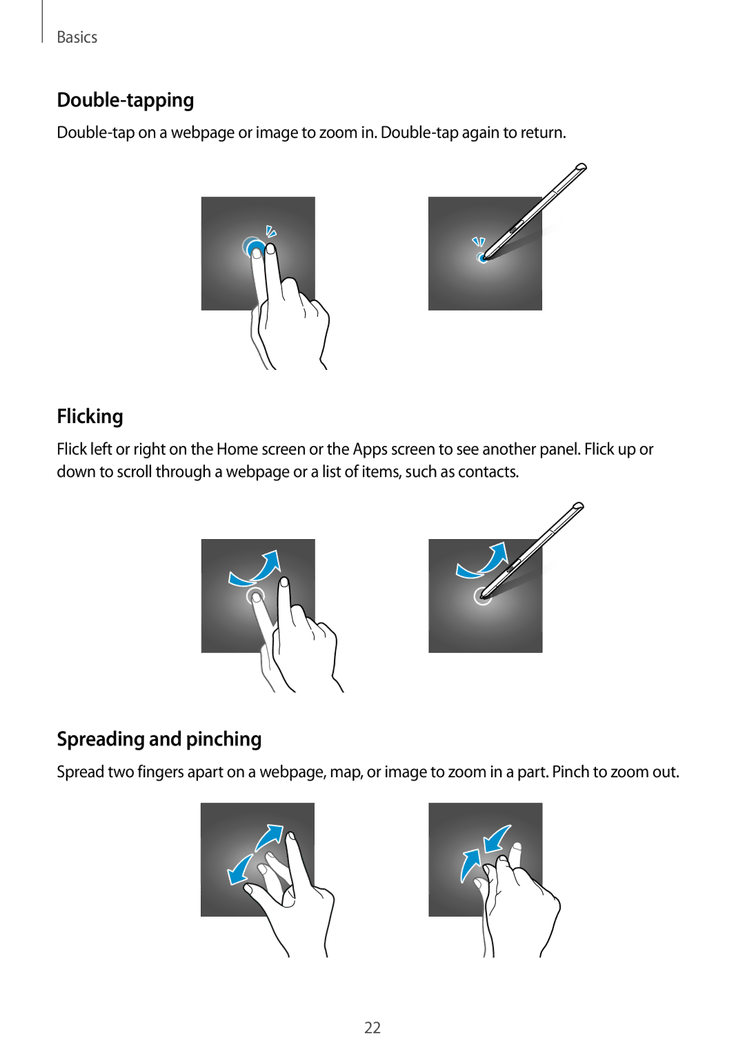 Samsung SM-P555NZAAKSA, SM-P555NZWAKSA, SM-P555NZBAKSA, SM-P555NZWAXXV manual Double-tapping, Flicking, Spreading and pinching 
