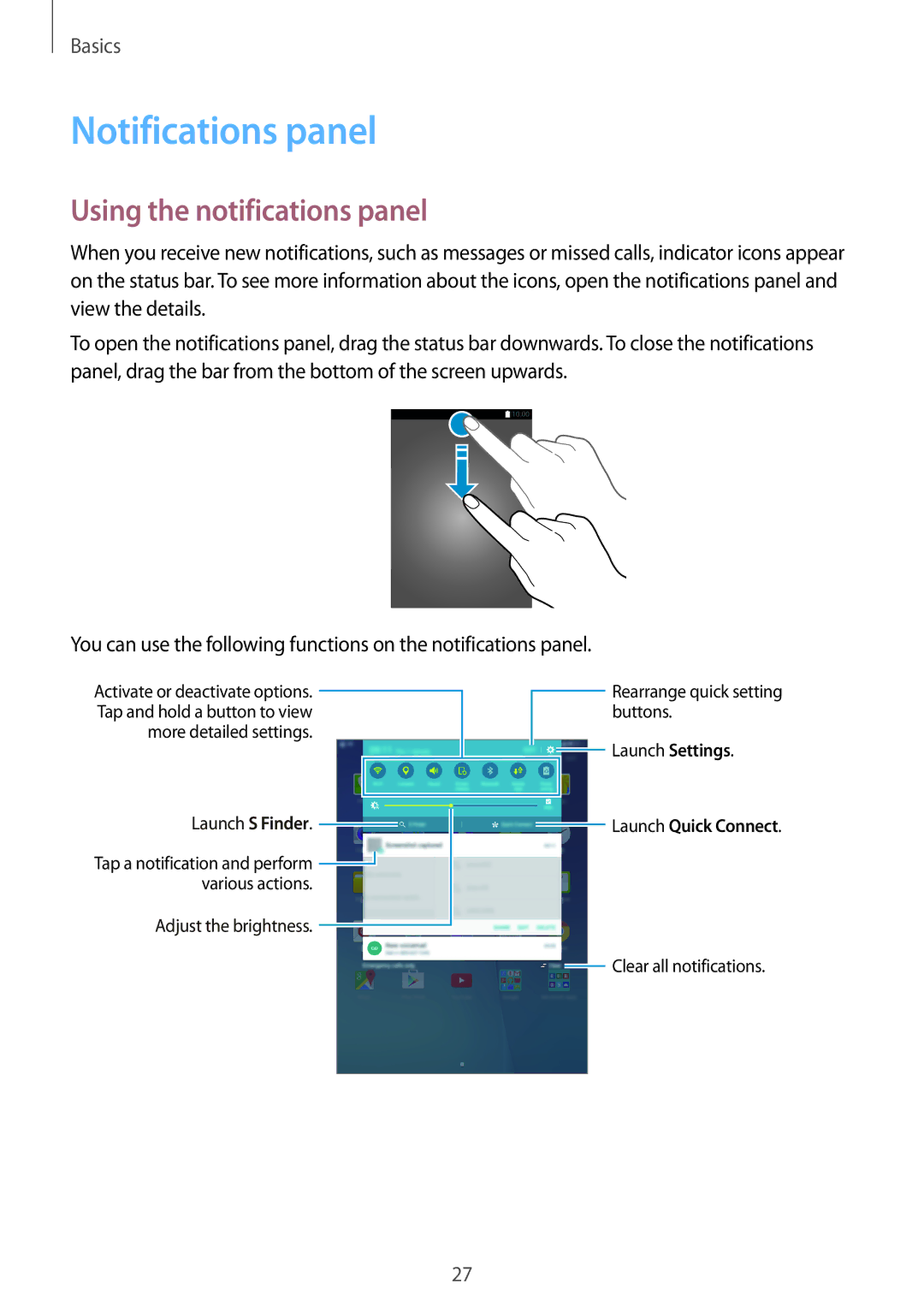 Samsung SM-P555NZAAKSA, SM-P555NZWAKSA, SM-P555NZBAKSA, SM-P555NZWAXXV Notifications panel, Using the notifications panel 