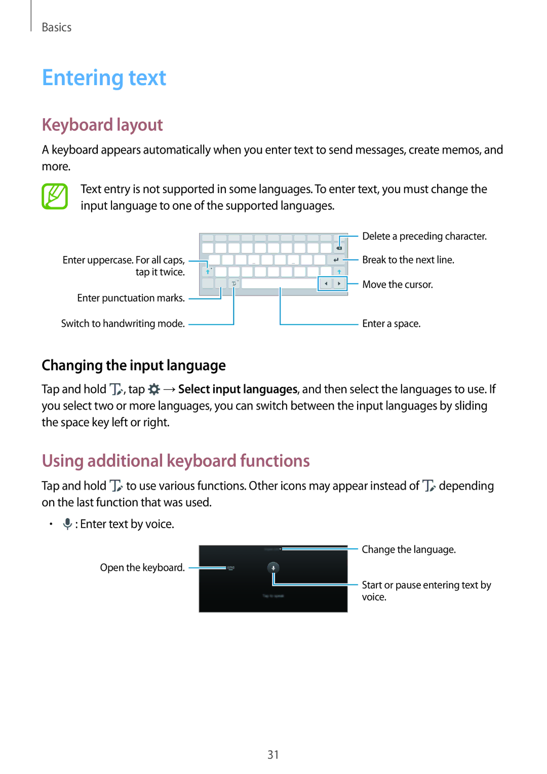 Samsung SM-P555NZBAKSA Entering text, Keyboard layout, Using additional keyboard functions, Changing the input language 