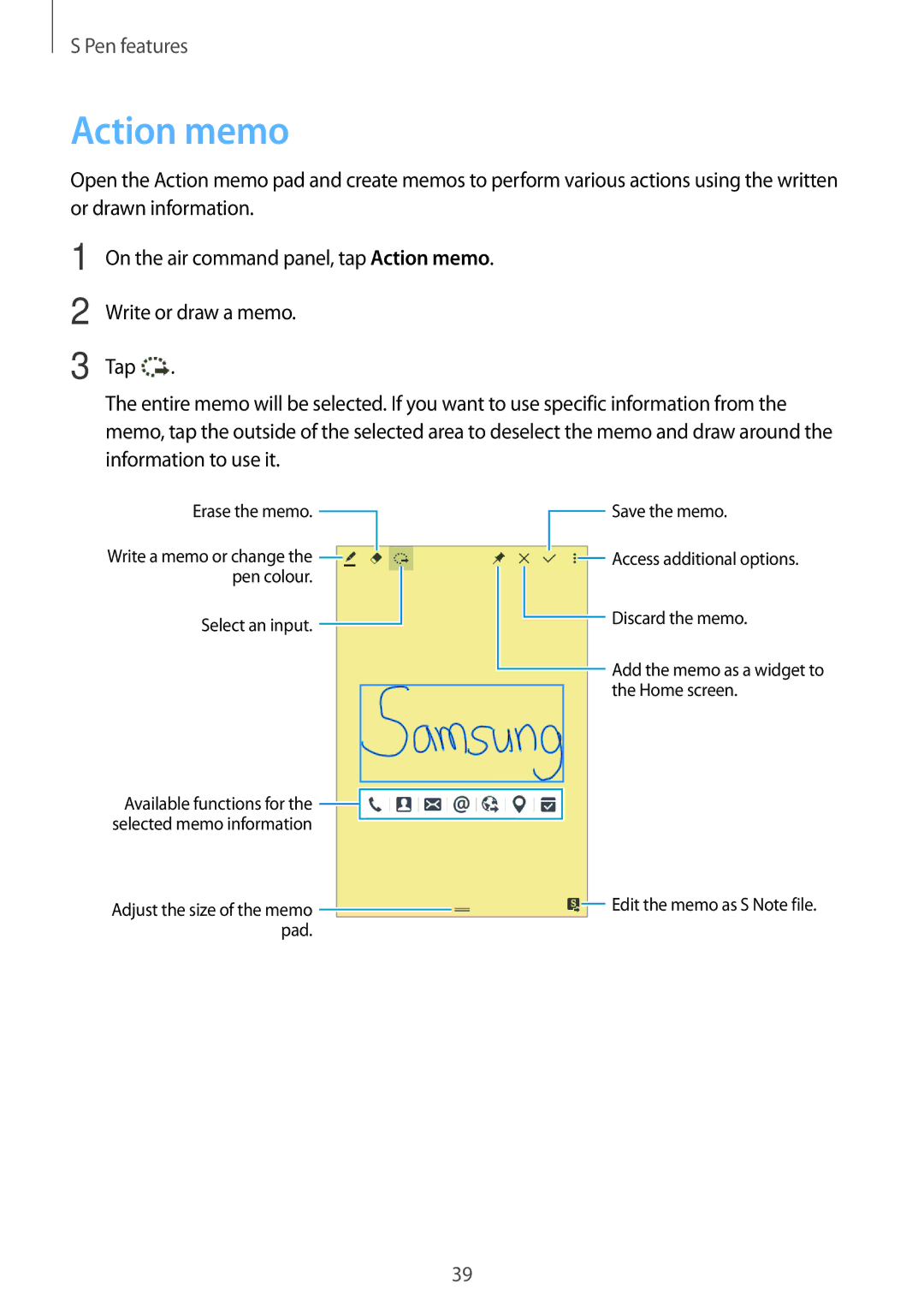 Samsung SM-P555NZAAXXV, SM-P555NZWAKSA, SM-P555NZBAKSA, SM-P555NZAAKSA, SM-P555NZWAXXV manual Action memo 