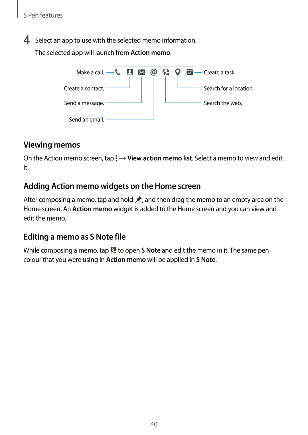 Samsung SM-P555NZWAKSA manual Viewing memos, Adding Action memo widgets on the Home screen, Editing a memo as S Note file 