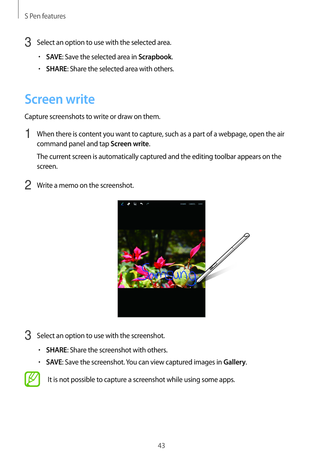 Samsung SM-P555NZWAXXV manual Capture screenshots to write or draw on them, Command panel and tap Screen write 