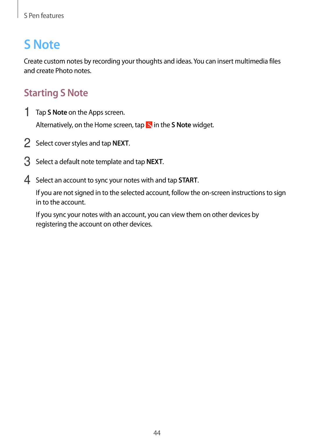 Samsung SM-P555NZAAXXV, SM-P555NZWAKSA, SM-P555NZBAKSA, SM-P555NZAAKSA, SM-P555NZWAXXV manual Starting S Note 