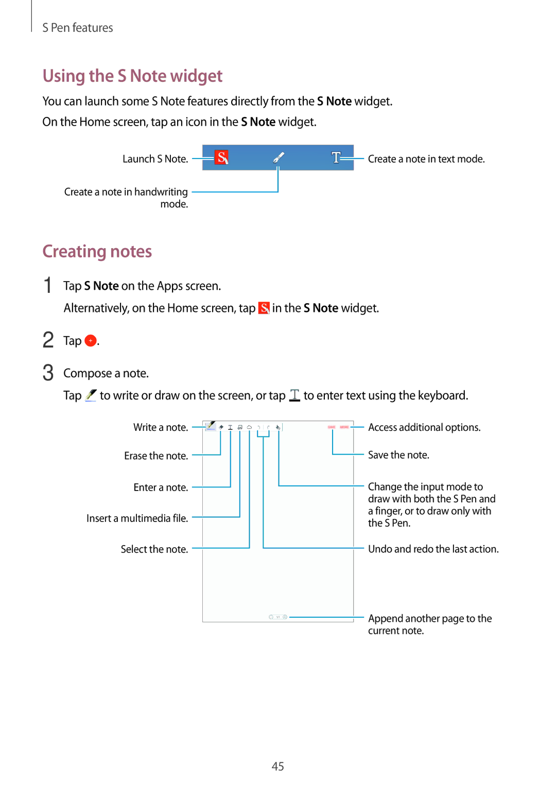 Samsung SM-P555NZWAKSA, SM-P555NZBAKSA, SM-P555NZAAKSA, SM-P555NZWAXXV manual Using the S Note widget, Creating notes 