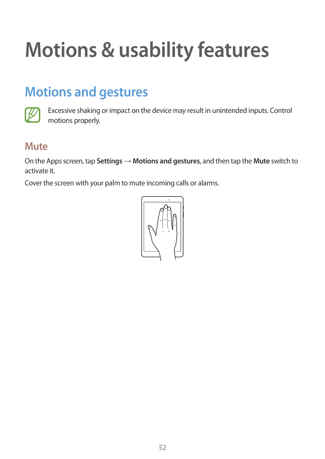 Samsung SM-P555NZAAKSA, SM-P555NZWAKSA, SM-P555NZBAKSA manual Motions & usability features, Motions and gestures, Mute 