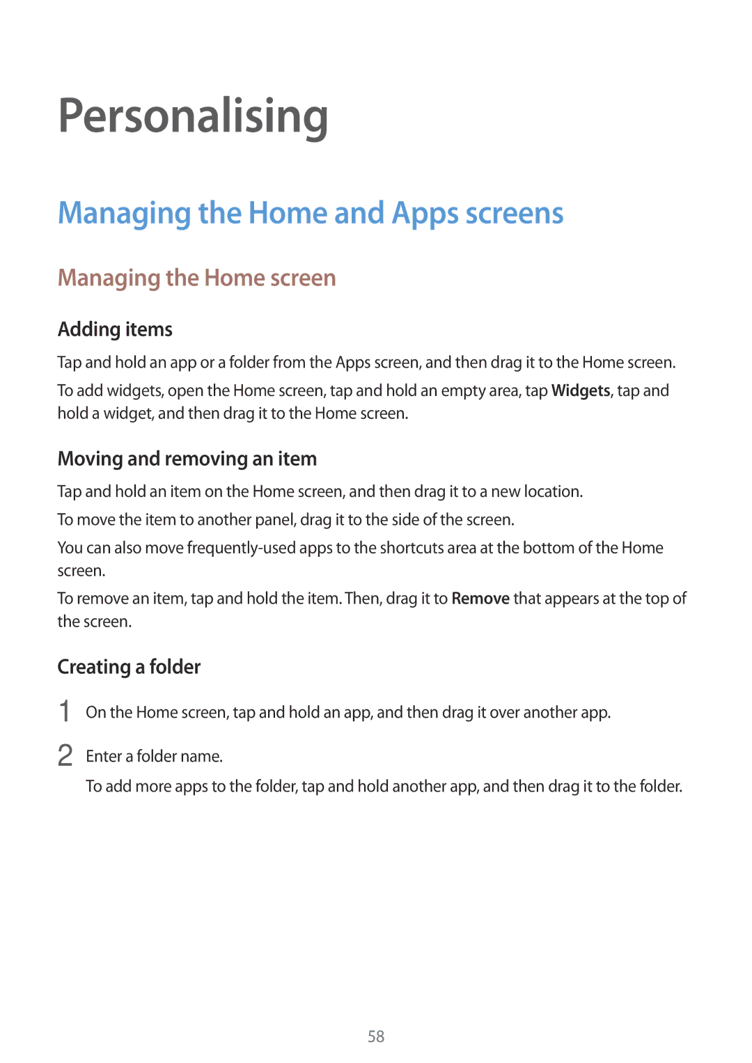 Samsung SM-P555NZWAXXV, SM-P555NZWAKSA manual Personalising, Managing the Home and Apps screens, Managing the Home screen 